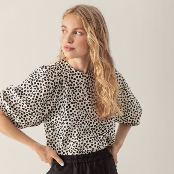 H&M Cotton Poplin Floral Puff Sleeve Crewneck Blouse Keyhole Back Size XS - Picture 1 of 6